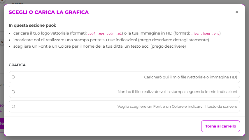 scegli o carica la tua grafica